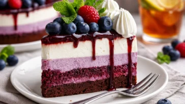 Blaubeer-Velvet-Käsekuchen auf einem Teller mit frischen Blaubeeren