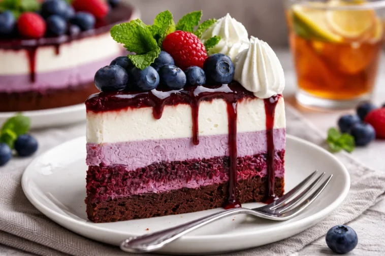 Blaubeer-Velvet-Käsekuchen auf einem Teller mit frischen Blaubeeren