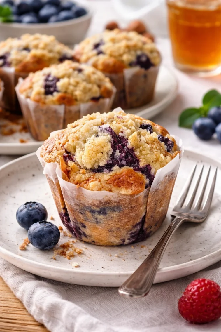 Blaubeermuffins mit Streusel-Topping auf einem Tisch