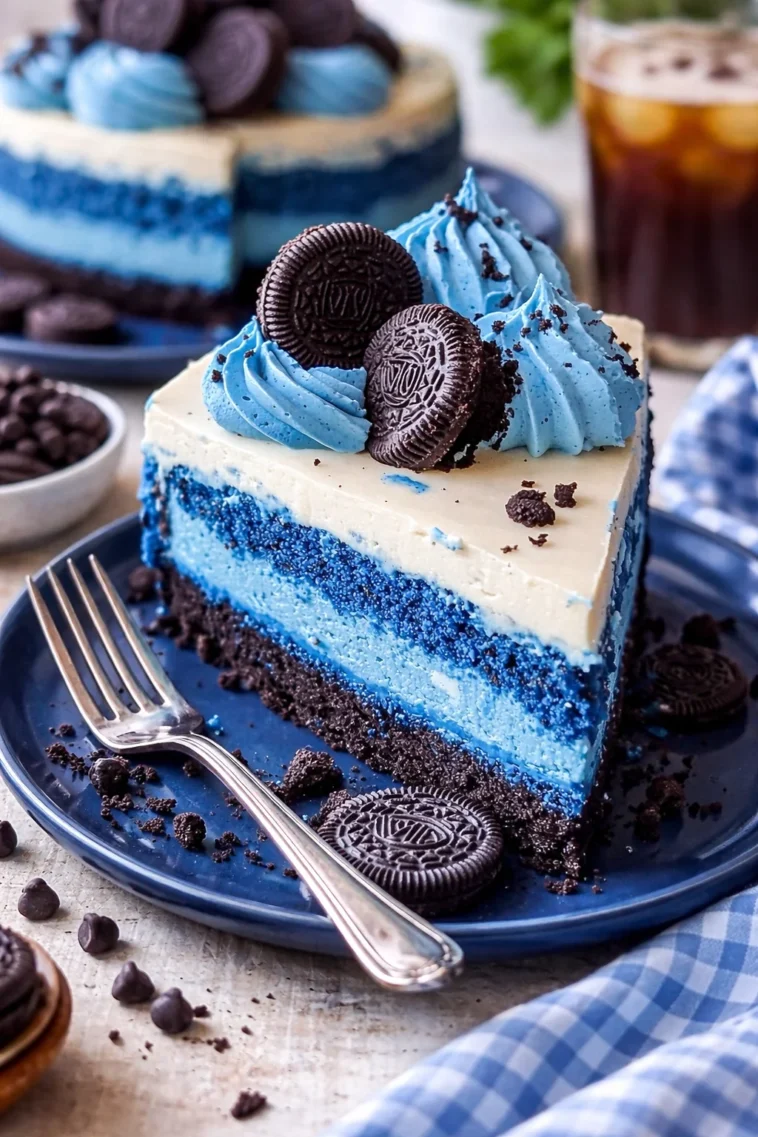 Blauer Samt Oreo Käsekuchen mit cremiger Füllung und Oreo-Keksen.