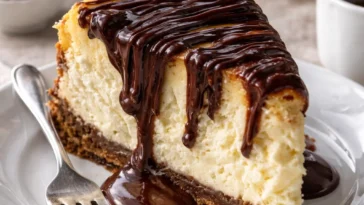 Boston Cream Cheesecake mit Schokoladenglasur und Sahne-Topping