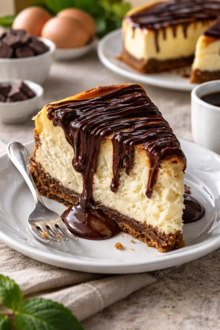Boston Cream Cheesecake mit Schokoladenglasur und Sahne-Topping