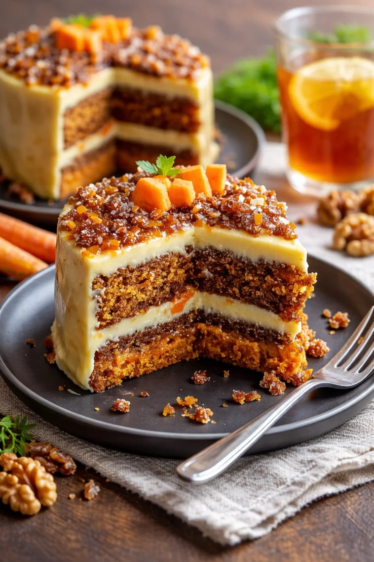 Brasilianischer Karottenkuchen auf einem Teller serviert