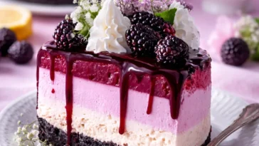 Brombeertraum-Käsekuchen mit frischen Brombeeren und cremiger Käsefüllung.