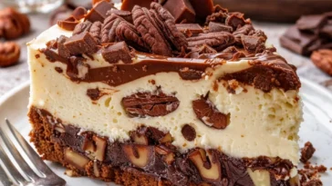 Scheibe eines Brownie-Käsekuchens auf einem Teller