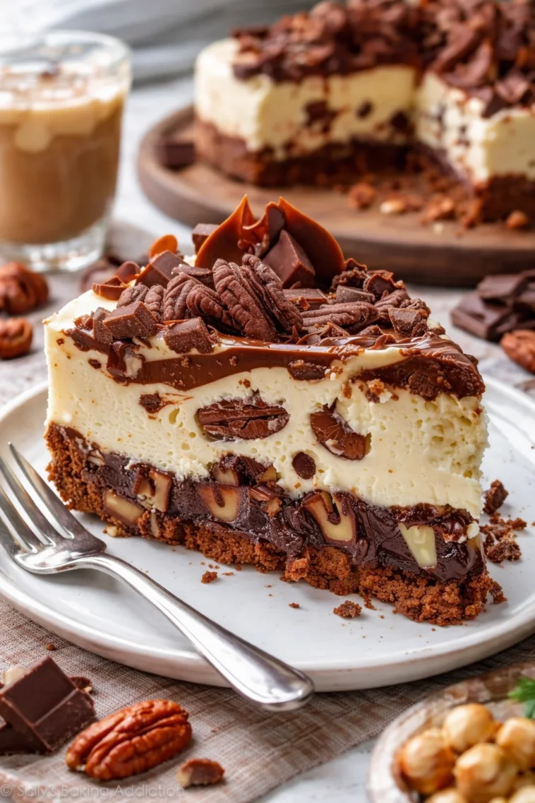 Scheibe eines Brownie-Käsekuchens auf einem Teller