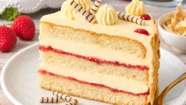 Eine köstliche Buttercremetorte, dekoriert mit frischen Früchten und Sahne.