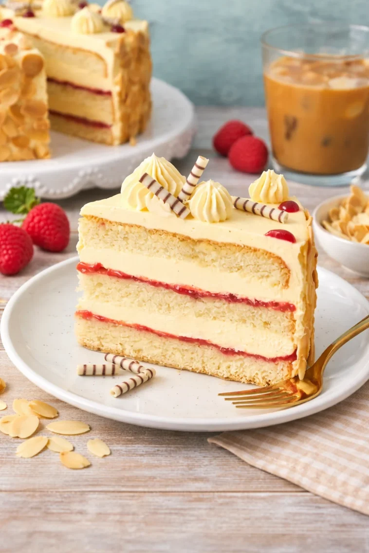 Eine köstliche Buttercremetorte, dekoriert mit frischen Früchten und Sahne.