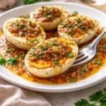 Cajun gekochte Eier mit scharfer Knoblauchbuttersauce auf einem Teller serviert