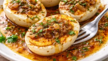 Cajun gekochte Eier mit scharfer Knoblauchbuttersauce auf einem Teller serviert