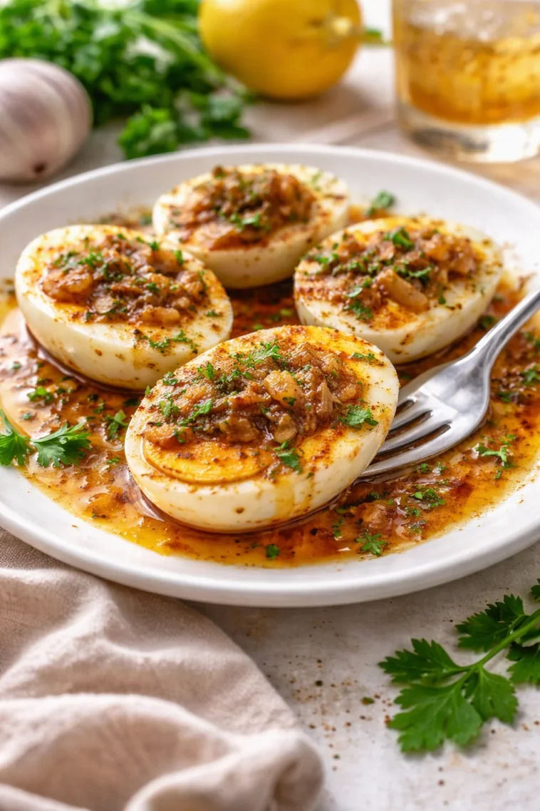 Cajun gekochte Eier mit scharfer Knoblauchbuttersauce auf einem Teller serviert