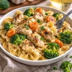 Cremige Cheddar- und Havarti-Hähnchen-Bowtie-Pasta mit geröstetem Gemüse auf einem Teller
