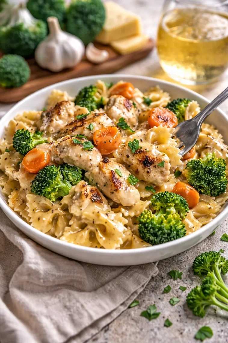 Cremige Cheddar- und Havarti-Hähnchen-Bowtie-Pasta mit geröstetem Gemüse auf einem Teller