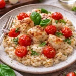 Cremige Hähnchen-Reis-Pfanne mit frischen Zutaten und Gewürzen