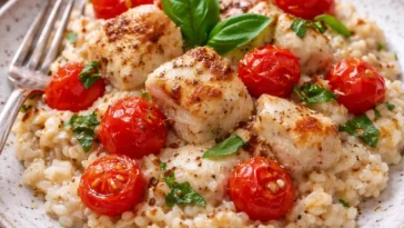 Cremige Hähnchen-Reis-Pfanne mit frischen Zutaten und Gewürzen