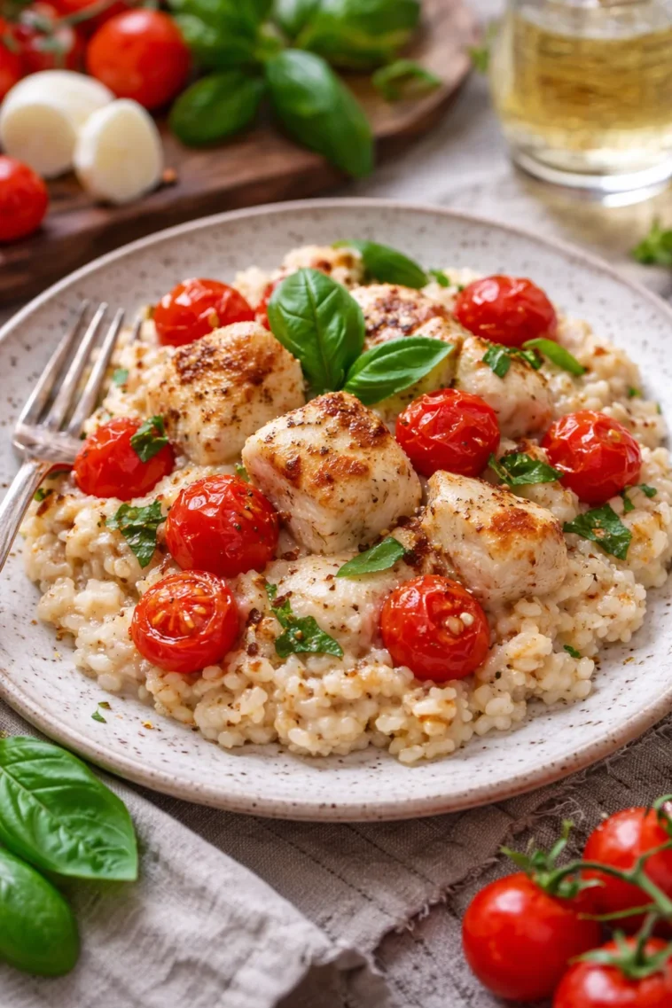 Cremige Hähnchen-Reis-Pfanne mit frischen Zutaten und Gewürzen