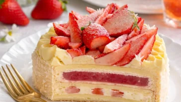 Cremige Holunderblütenmousse mit Erdbeerconfit in einer eleganten Schale