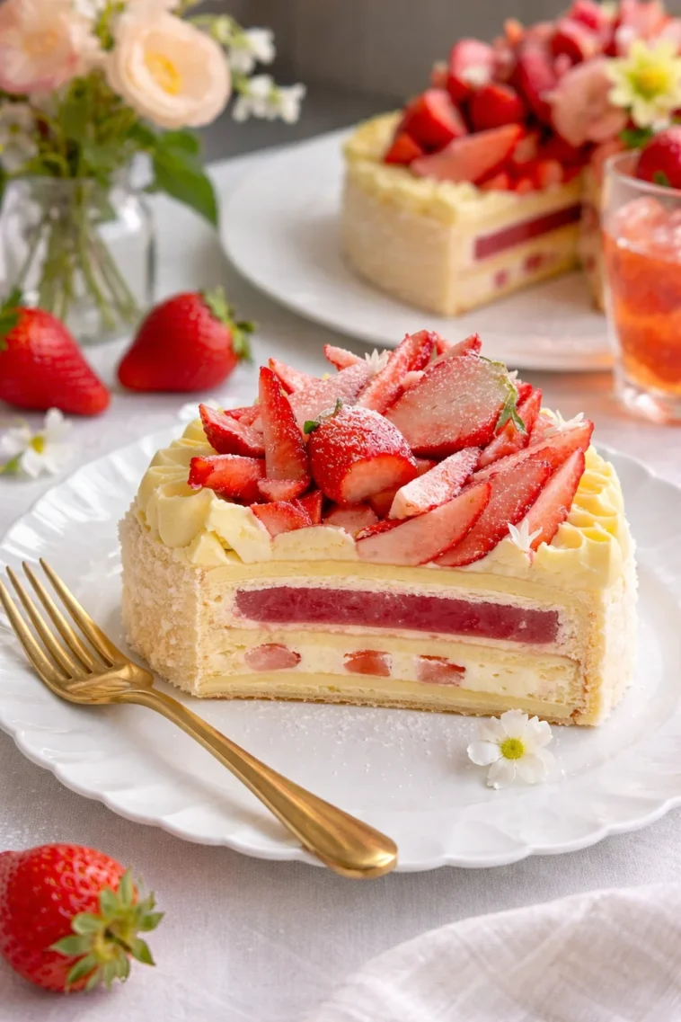 Cremige Holunderblütenmousse mit Erdbeerconfit in einer eleganten Schale