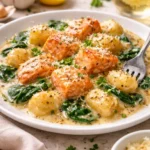 Cremige Lachs-Gnocchi serviert in einer Pfanne mit Kräutern