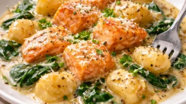 Cremige Lachs-Gnocchi serviert in einer Pfanne mit Kräutern