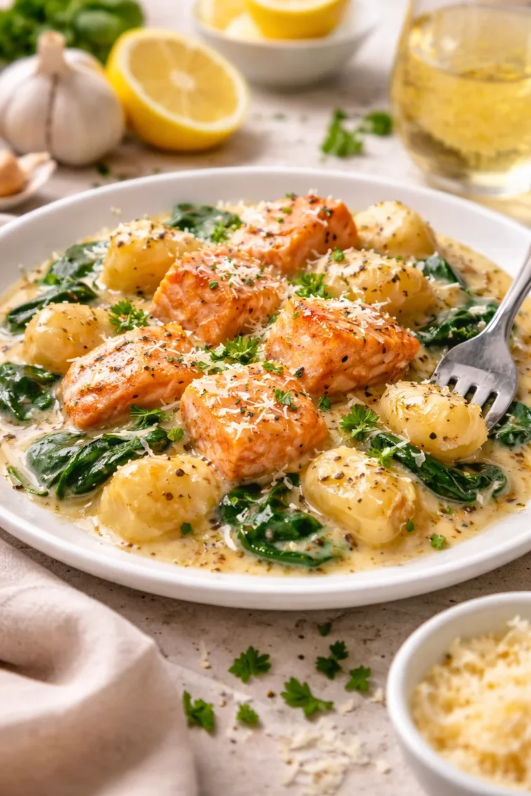 Cremige Lachs-Gnocchi serviert in einer Pfanne mit Kräutern