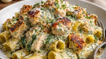 Cremige Pesto-Hähnchen-Pasta mit frischem Basilikum und Hühnchen