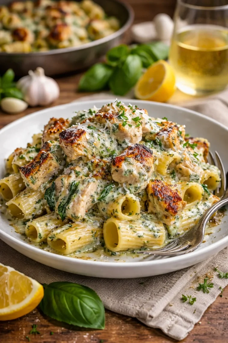 Cremige Pesto-Hähnchen-Pasta mit frischem Basilikum und Hühnchen