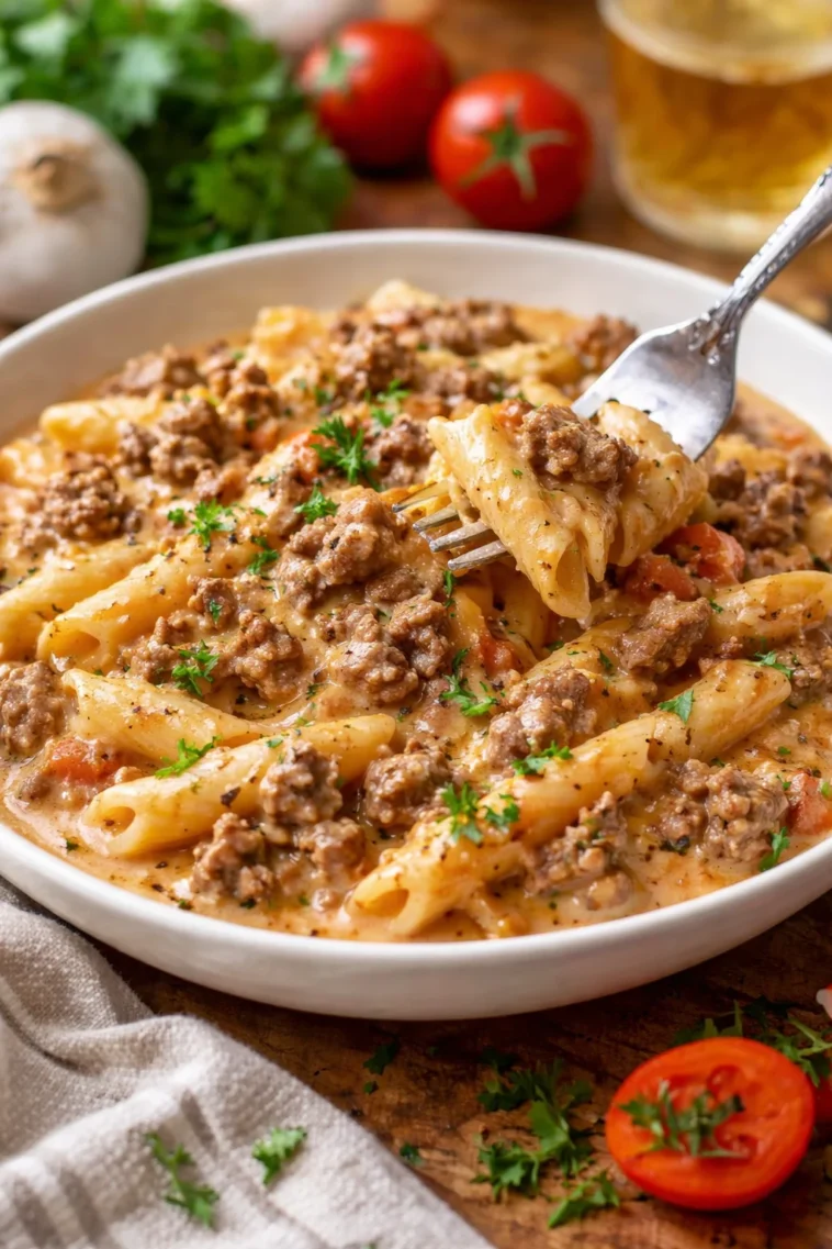 Cremige Rindfleisch-Pasta mit frischen Kräutern und Parmesan