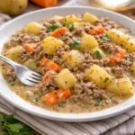 Cremiger Hack-Kartoffel-Kohlrabi-Eintopf mit frischen Zutaten in einem Topf.