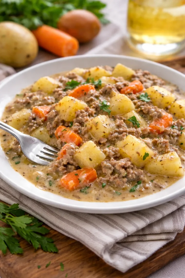 Cremiger Hack-Kartoffel-Kohlrabi-Eintopf mit frischen Zutaten in einem Topf.