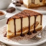 Cremiger Kaffee-Käsekuchen auf einem Teller, dekoriert mit Kaffeebohnen.