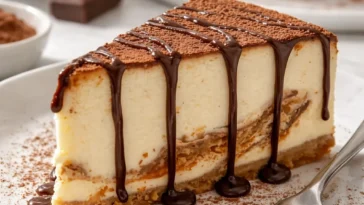 Cremiger Kaffee-Käsekuchen auf einem Teller, dekoriert mit Kaffeebohnen.