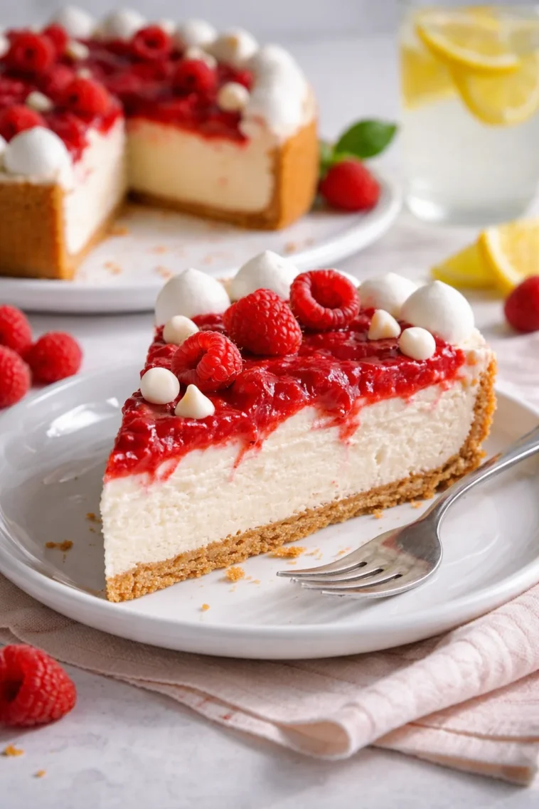 Cremiger No-Bake weiße Schokoladen-Himbeer-Käsekuchen auf einem Teller