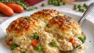 Cremiger Hühnchen-Biskuit-Auflauf frisch aus dem Ofen