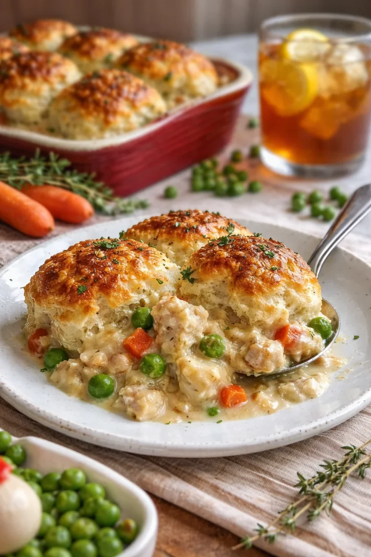 Cremiger Hühnchen-Biskuit-Auflauf frisch aus dem Ofen