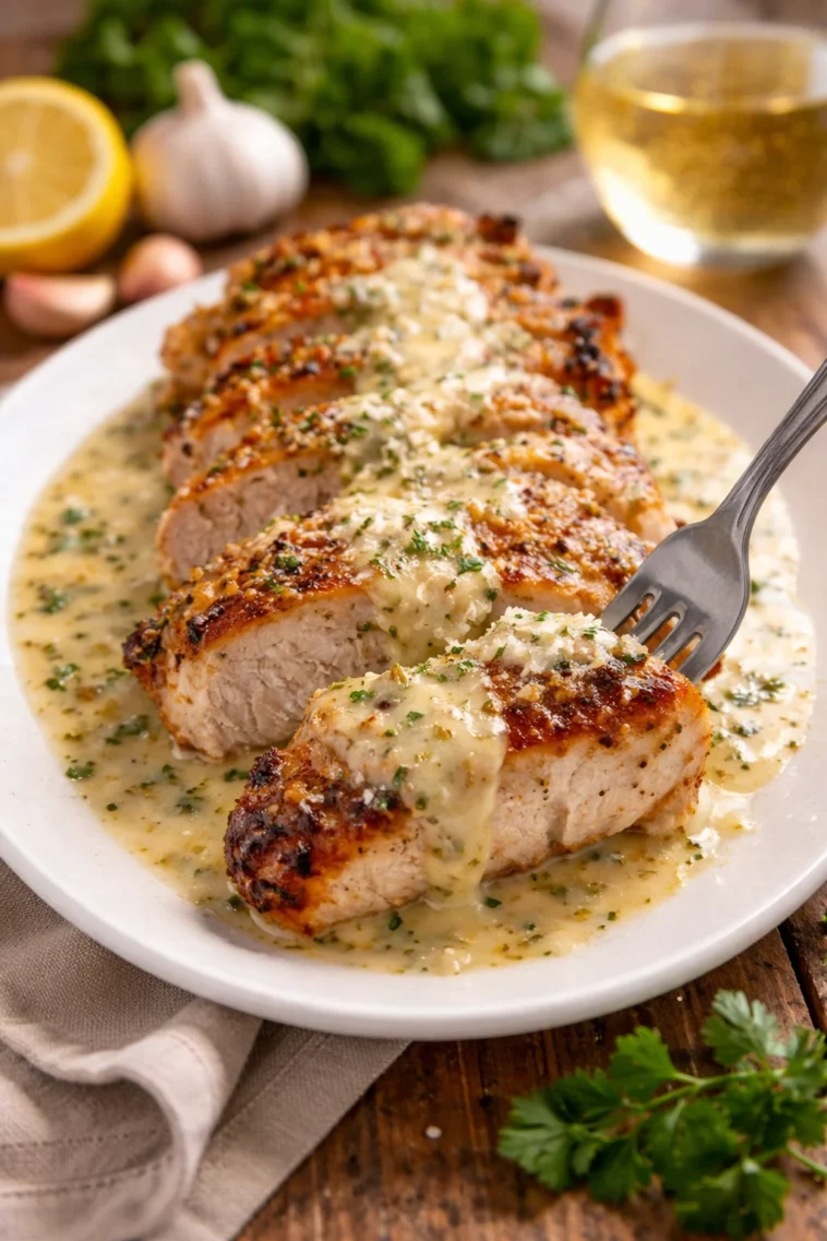 Cremiges Parmesan Caesar-Hähnchen aus dem Ofen, appetitlich angerichtet