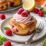 Leckere Cruffins mit Blätterteig und Himbeersahnefüllung auf einem Teller