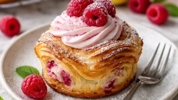 Leckere Cruffins mit Blätterteig und Himbeersahnefüllung auf einem Teller