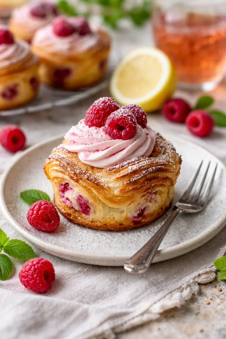 Leckere Cruffins mit Blätterteig und Himbeersahnefüllung auf einem Teller