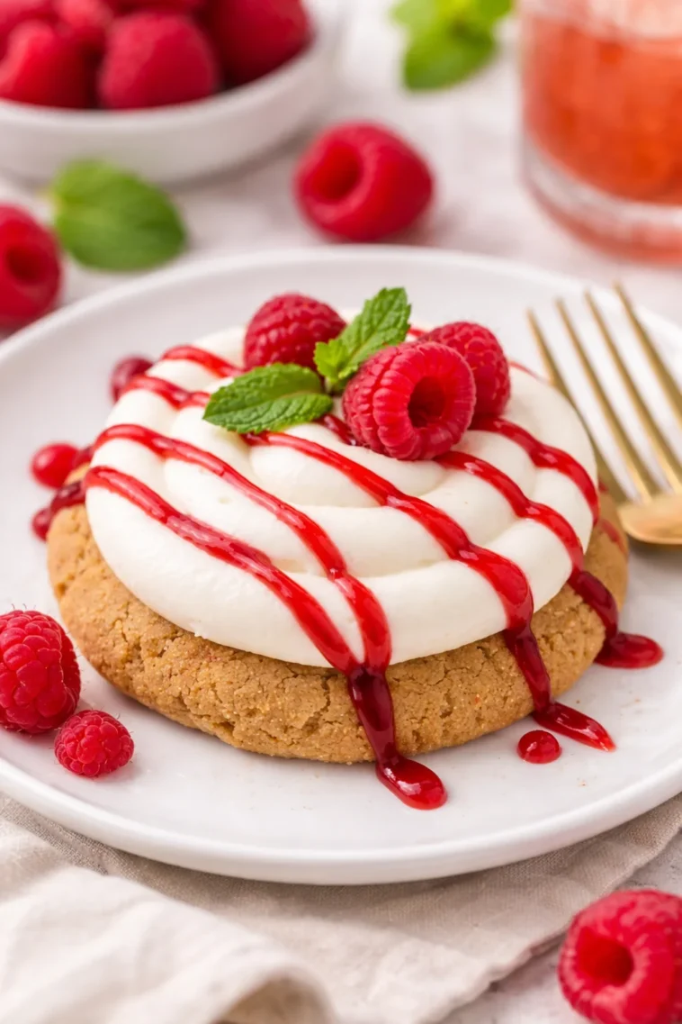 Crumbl Himbeer-Käsekuchen-Plätzchen mit frischen Himbeeren und cremigem Käsekuchenbelag.