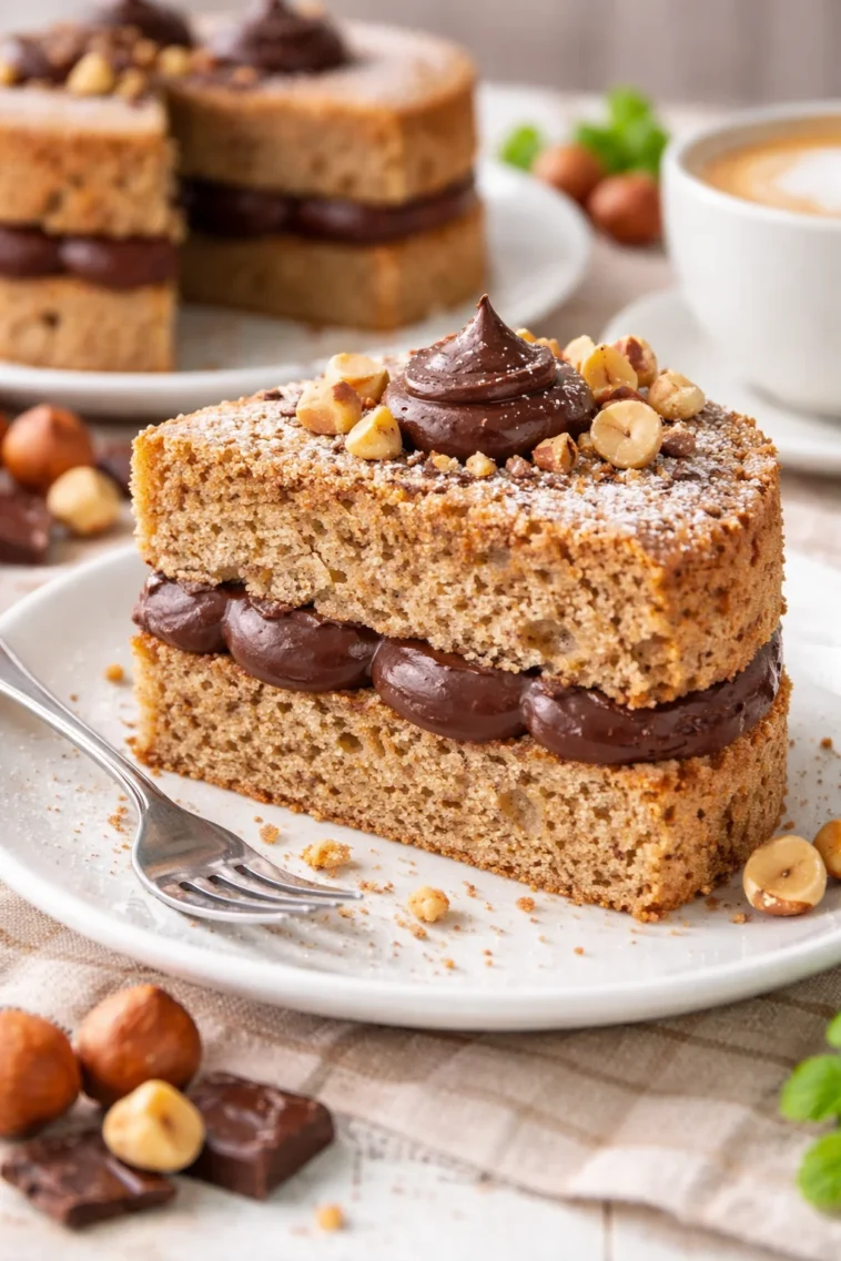 Dacquoise mit Schokoladenganache auf einem Teller serviert