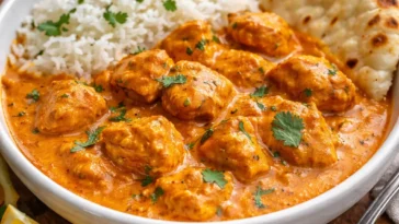 Butterhuhn Gericht mit zarten Hähnchenstücken in cremiger Soße