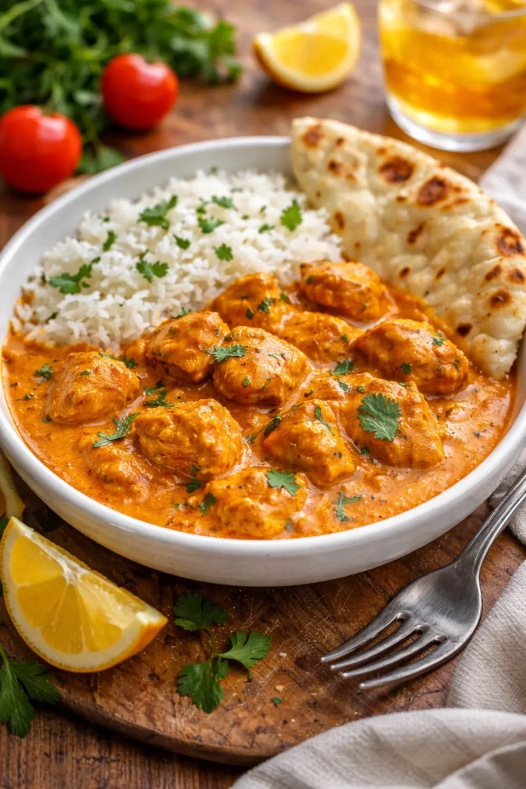 Butterhuhn Gericht mit zarten Hähnchenstücken in cremiger Soße