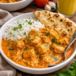 Leckeres Butterhühnchen auf einem Teller angerichtet