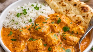 Leckeres Butterhühnchen auf einem Teller angerichtet