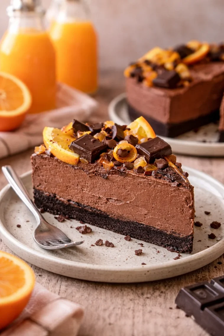Leckere Scheibe Schokoladen-Orange-Käsekuchen auf einem Teller