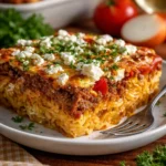 Griechischer Kritharaki-Hackauflauf mit Feta aus dem Ofen