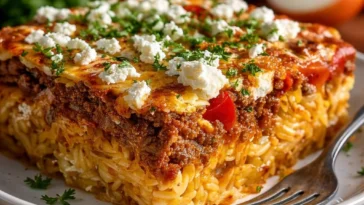 Griechischer Kritharaki-Hackauflauf mit Feta aus dem Ofen