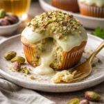 Dekadente weiße Schokoladenpistazien-Lava-Muffins auf einem Teller