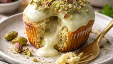 Dekadente weiße Schokoladenpistazien-Lava-Muffins auf einem Teller